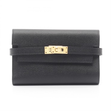 HERMES Kelly wallet medium Tri-fold purse C Epsom leather Black Used Women GHW