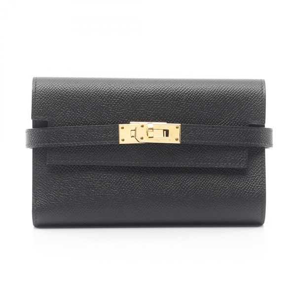 HERMES Kelly wallet medium Tri-fold purse C Epsom leather Black Used Women GHW