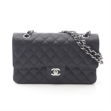 CHANEL Matelasse W flap Chain Shoulder Bag Grained calf leather Black Used SHW