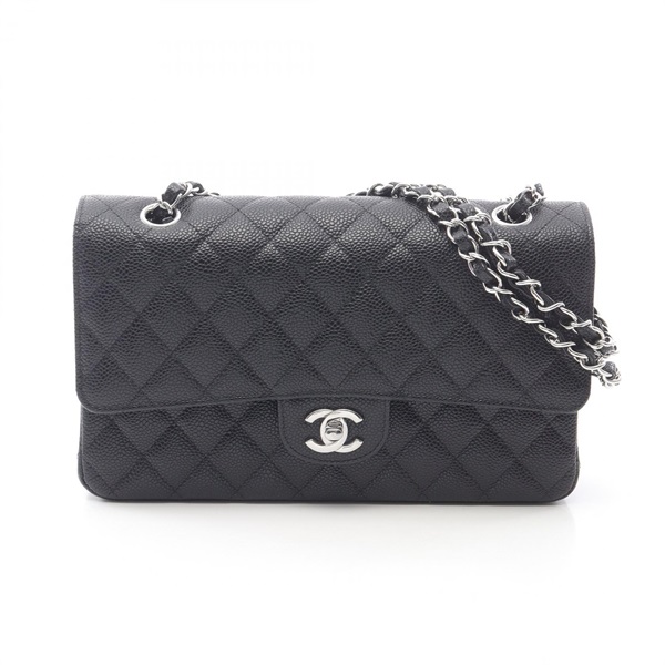 CHANEL Matelasse W flap Chain Shoulder Bag Grained calf leather Black Used SHW