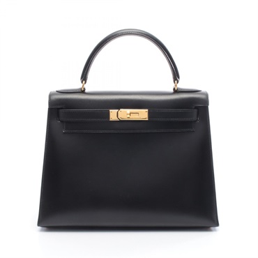 HERMES Kelly 28 shoulder Handbag A Box calf leather Calfskin Black Used GHW