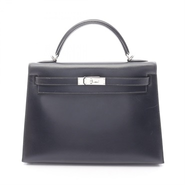 HERMES Kelly 32 Shoulder Handbag Box calf leather Blue indigo Navy Used SHW D