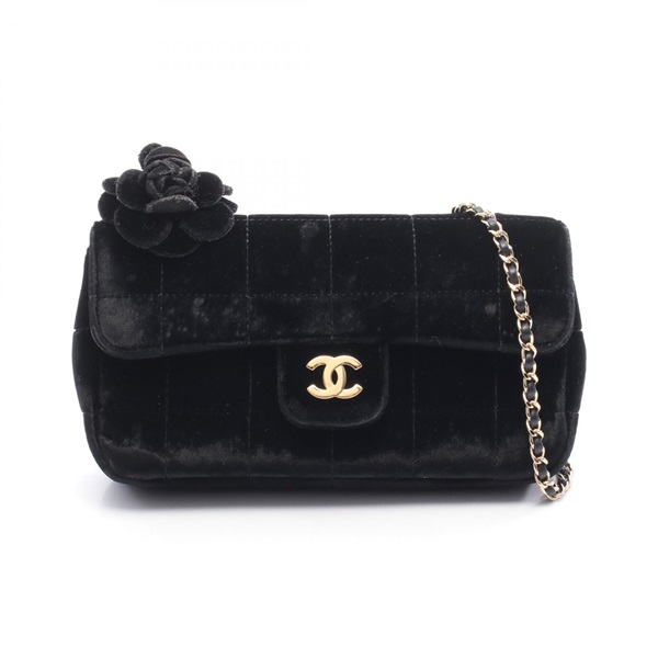 CHANEL Chocolate Bar Camelia Chain Shoulder Crossbody Bag Fabric Black GHW Used