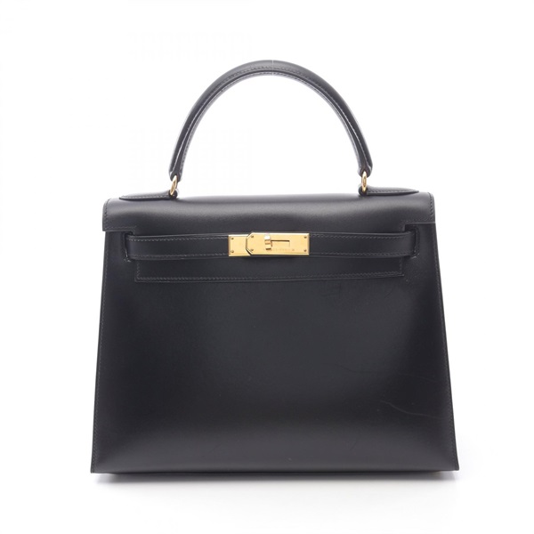 HERMES Kelly 28 Shoulder Handbag Box calf leather Black Used Women GHW A