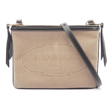 PRADA LOGO JACQUARD Shoulder Bag canvas leather Beige Black Used Women