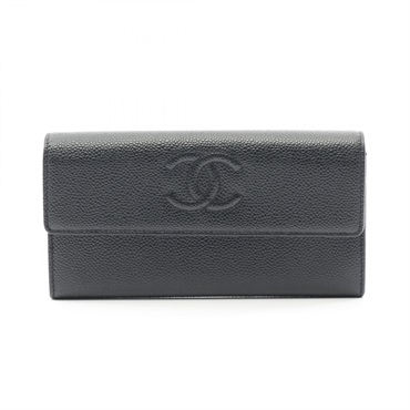 CHANEL COCO Mark Bifold long purse wallet Grained Calf leather Black Used Women