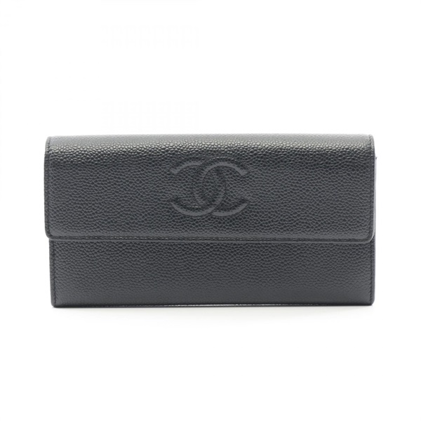 CHANEL COCO Mark Bifold long purse wallet Grained Calf leather Black Used Women