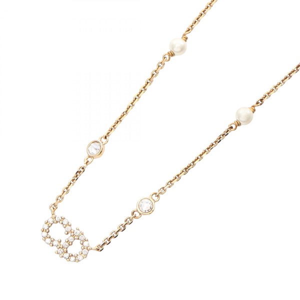 Christian Dior CD logo Necklace Gold Plated Artificial pearl rhinestone White