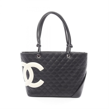 CHANEL Cambon Line Large Shoulder Tote Bag Lamb leather Black White Used SHW CC