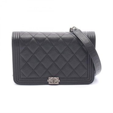 CHANEL Boy Chanel Matelasse Shoulder Bag Grained Calf leather Black Used SHW CC