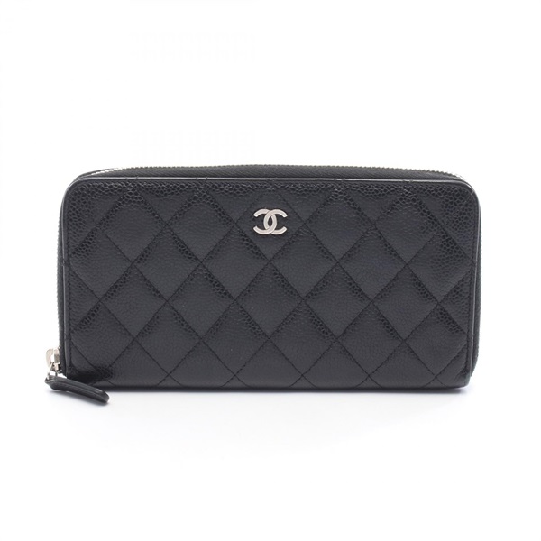 CHANEL Matelasse Classic Long Zip around Wallet purse leather Black SHW Used CC