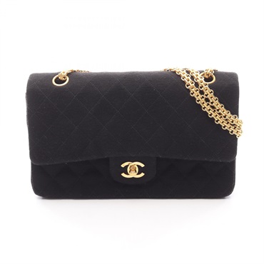 CHANEL Matelasse W flap chain Shoulder Bag Cotton jersey Black Used Women GHW CC