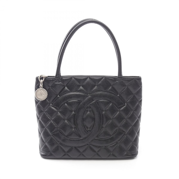 CHANEL Medallion Tote Hand Bag Grained calf leather Black Used Women SHW CC Coco