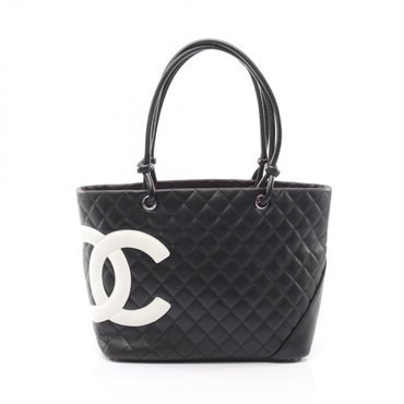 CHANEL Cambon Line Large Tote shoulder Bag leather Black White Used Women