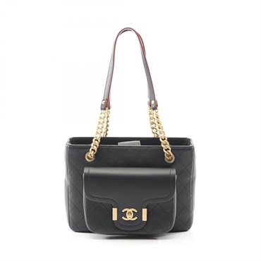 CHANEL Matelasse Tote chain shoulder Bag leather Black Used Women GHW CC Coco