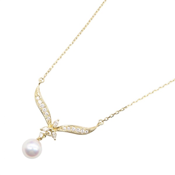 MIKIMOTO Akoya Pearl Diamond Necklace Pendant 18KYG Yellow Gold Used Women
