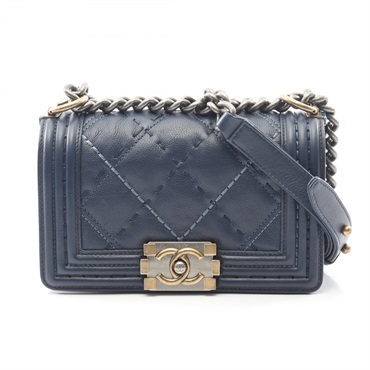 CHANEL Boy Chanel Small Wild Stitch Chain Shoulder Handbag leather Navy Used CC