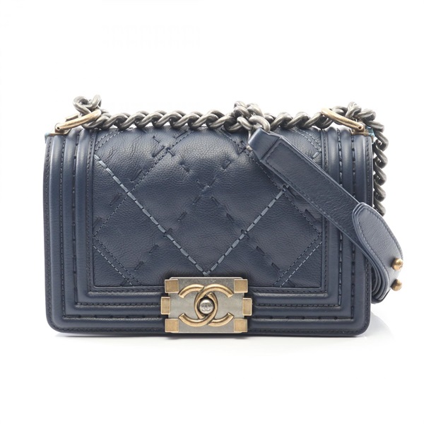 CHANEL Boy Chanel Small Wild Stitch Chain Shoulder Handbag leather Navy Used CC