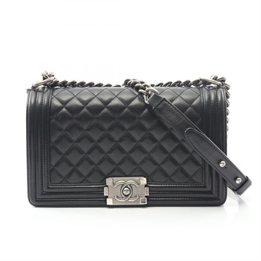 CHANEL Boy Chanel Matelasse chain Shoulder Bag Lambskin Black Used Women
