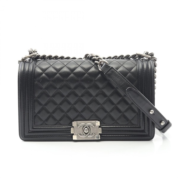 CHANEL Boy Chanel Matelasse chain Shoulder Bag Lambskin Black Used Women