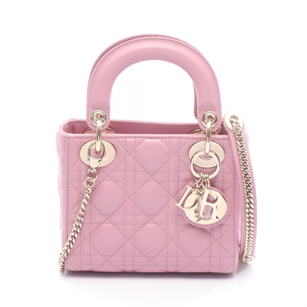 Christian Dior Lady Dior Mini Cannage Shoulder Handbag leather Pink Used GHW