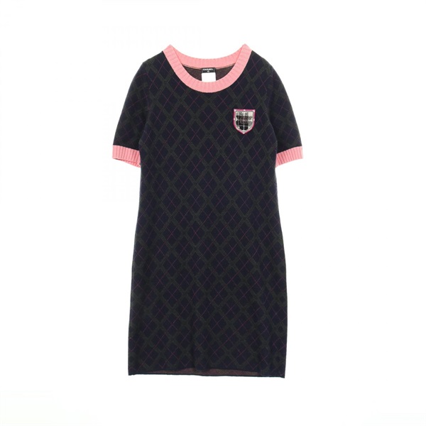CHANEL Short Sleeve Dress Silk Cashmere/Alpaca Navy Pink Green #40 Used Women