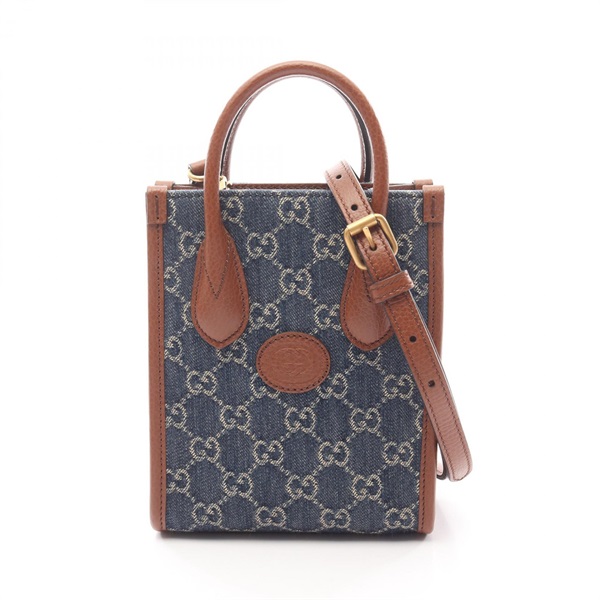 GUCCI Interlocking G Mini Tote Shoulder bag 671623 Denim leather Navy Brown Used