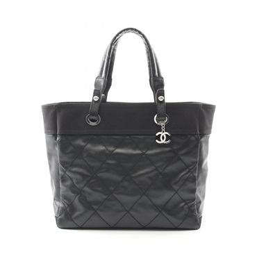 CHANEL Paris Biarritz MM Tote hand Bag A34209 canvas leather Black Used Women CC