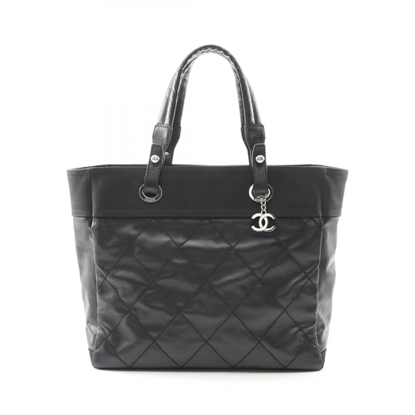 CHANEL Paris Biarritz MM Tote hand Bag A34209 canvas leather Black Used Women CC