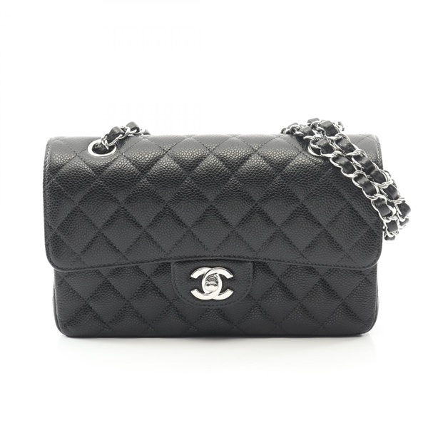 CHANEL Matelasse W flap chain Shoulder Bag A01113 Calf leather Black Used Women