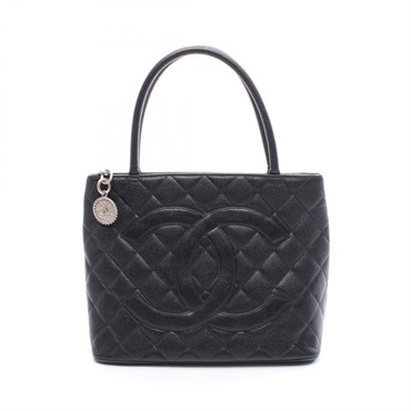 CHANEL Medallion Hand Tote Bag Grained calf leather Black Used Women SHW CC Coco