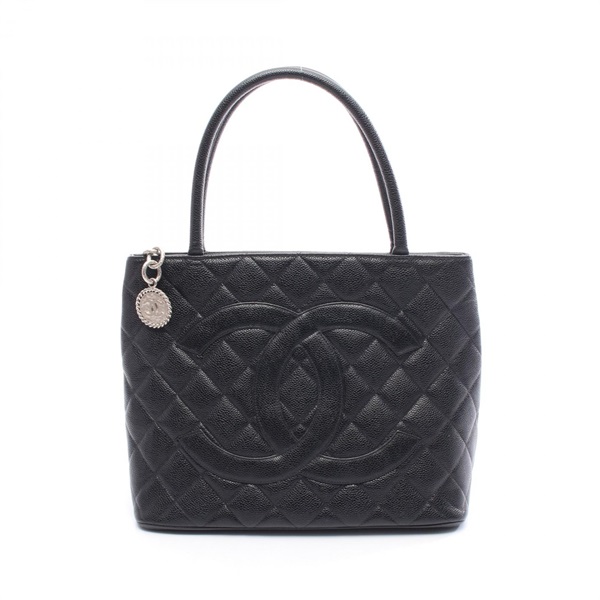 CHANEL Medallion Hand Tote Bag Grained calf leather Black Used Women SHW CC Coco