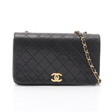 CHANEL Full flap Matelasse Chain Shoulder Bag Lamb sheep leather Black Used GHW