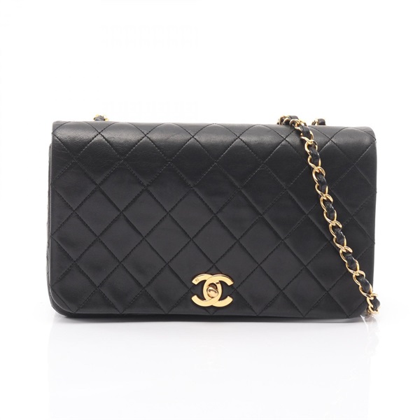 CHANEL Full flap Matelasse Chain Shoulder Bag Lamb sheep leather Black Used GHW