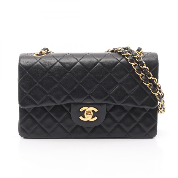 CHANEL Matelasse W flap chain Shoulder Bag Lambskin Black Used GHW