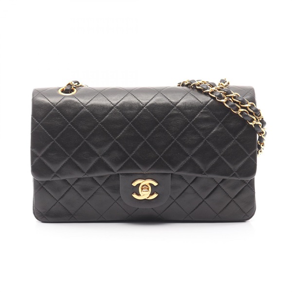 CHANEL Matelasse W flap Chain Shoulder Bag Lamb sheep leather Black Used GHW CC