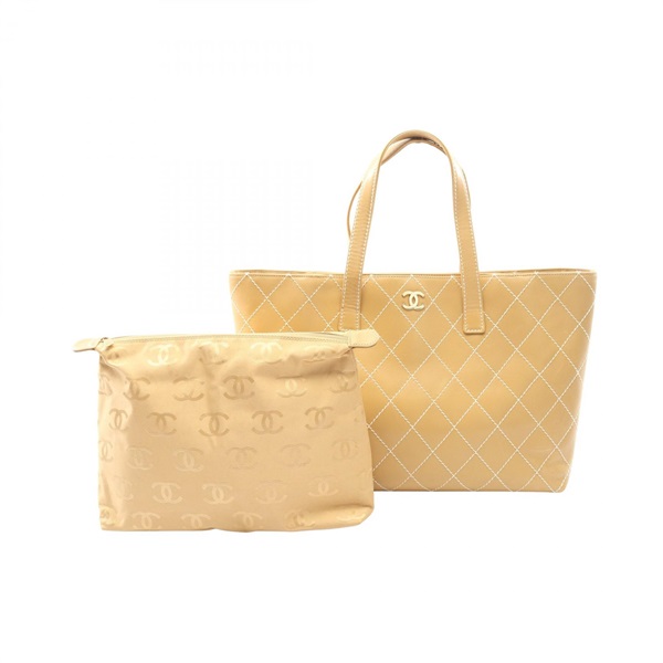 CHANEL Wild stitch Tote Hand Bag leather Beige Used Women GHW CC Coco