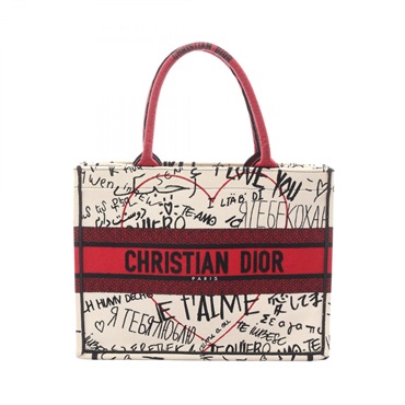 Dior BOOK TOTE Medium Hand Bag canvas White Red Black Used Women logo