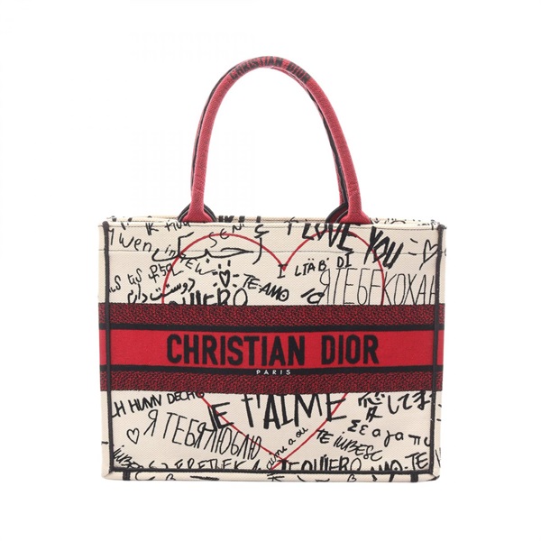 Dior BOOK TOTE Medium Hand Bag canvas White Red Black Used Women logo