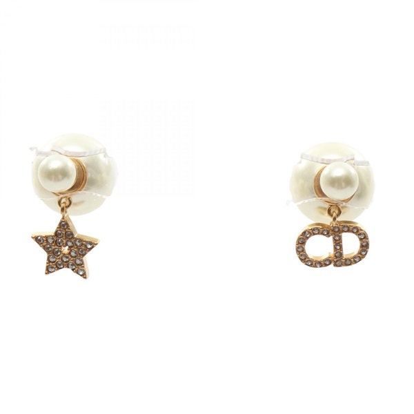 Christian Dior CD logo Pierced earrings Gold Plated Artificial pearl rhinestone
