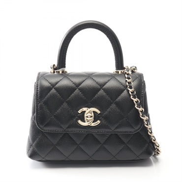 CHANEL Coco Handle Mini Matelasse Shoulder Hand Bag leather Black Used Women GHW