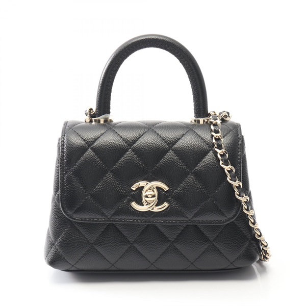 CHANEL Coco Handle Mini Matelasse Shoulder Hand Bag leather Black Used Women GHW
