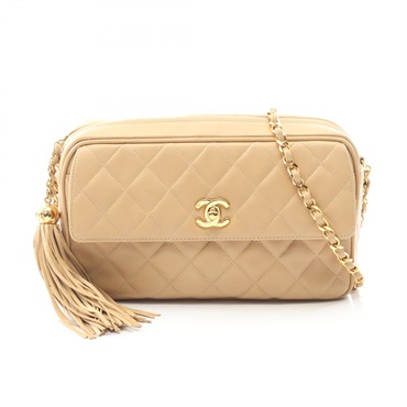 CHANEL Matelasse tassel chain crossbody Shoulder Bag Lambskin Beige Used GHW