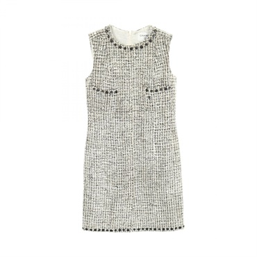 CHANEL COCO Mark Tweed sleeveless Dress #38 Rayon wool White Black Used Women CC