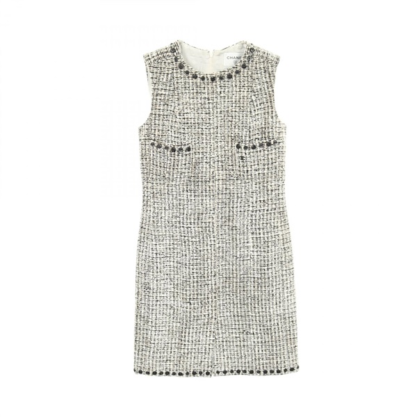 CHANEL COCO Mark Tweed sleeveless Dress #38 Rayon wool White Black Used Women CC