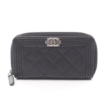 CHANEL Boy Chanel Zip Around Wallet Purse A80566 leather Black Used Women CC