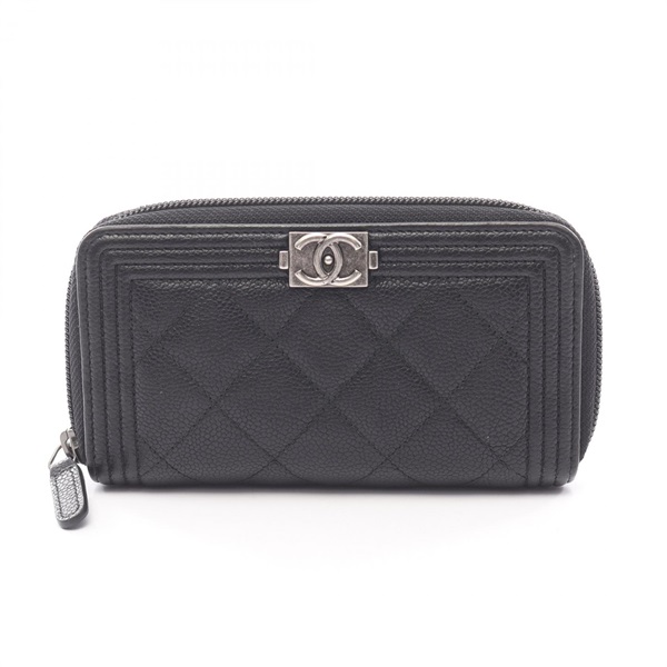 CHANEL Boy Chanel Zip Around Wallet Purse A80566 leather Black Used Women CC