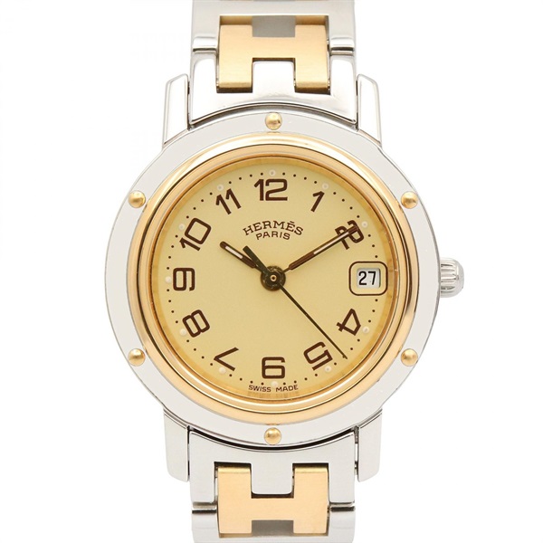 HERMES Clipper Wrist Watch CL4.220 Quartz Gold Plated Stainless Steel Used Women