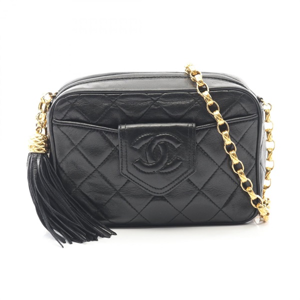 CHANEL Matelasse chian crossbody Shoulder Bag tassel Lambskin Black Used GHW