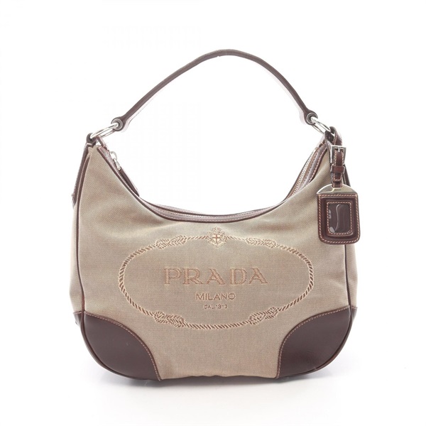 PRADA Shoulder Bag canvas leather Beige Brown Used Women